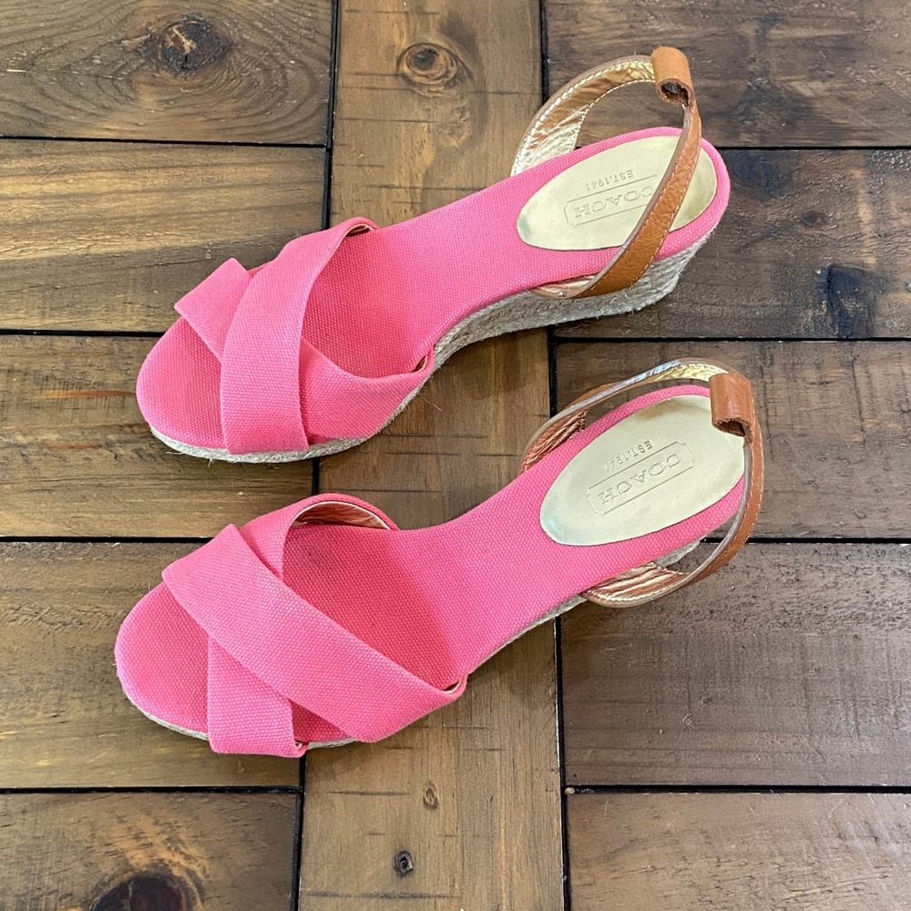 Coach Henley Pink Canvas Espadrille Wedge Sandals Gold Tan Leather Q1897 6B